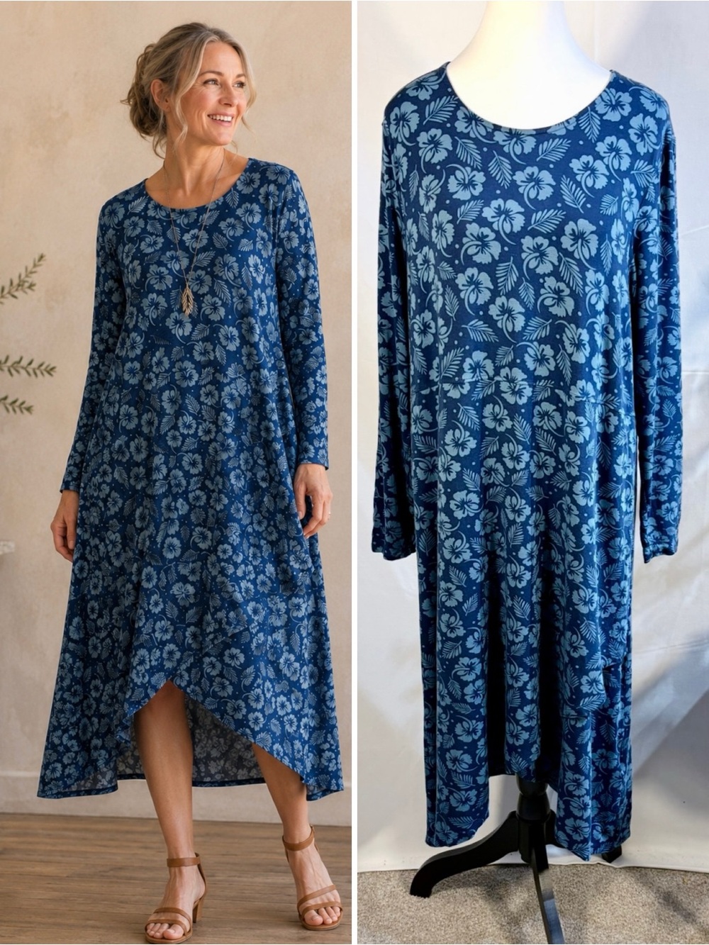 💥Gudrun Sjödén Hibiscus Indigo Blue Floral Asymmetrical Wrap Jersey Dress~L🧡